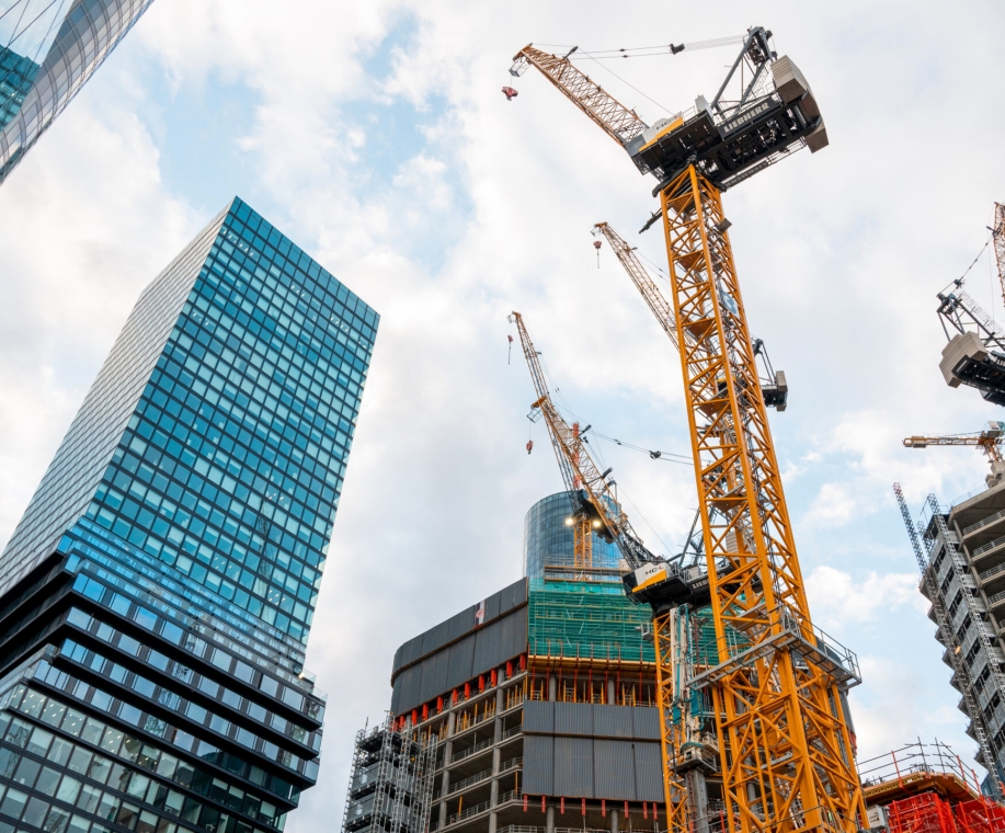 Construction works of multiple modern buildings and skyscrapers in Frankfurt downtown, Germany